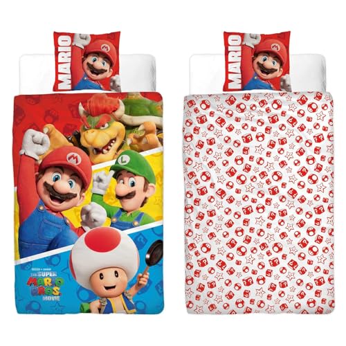 Super Mario – wendbarer Bettbezug (140 x 200 cm) + Kissenbezug (70 x 60 cm) – mehrfarbiges Design aus Polyester von Character World