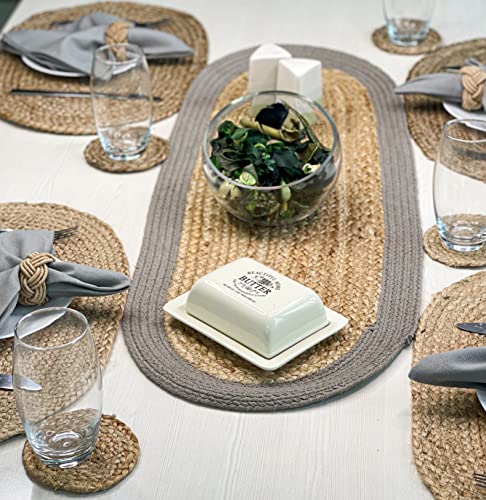 CHARDIN HOME Verona Ovaler gewebter Tischläufer aus Jute und Baumwolle, geflochten, Größe: 33 x 91,4 cm, Farbe – natürliche Jute mit grauem Rand von Chardin home