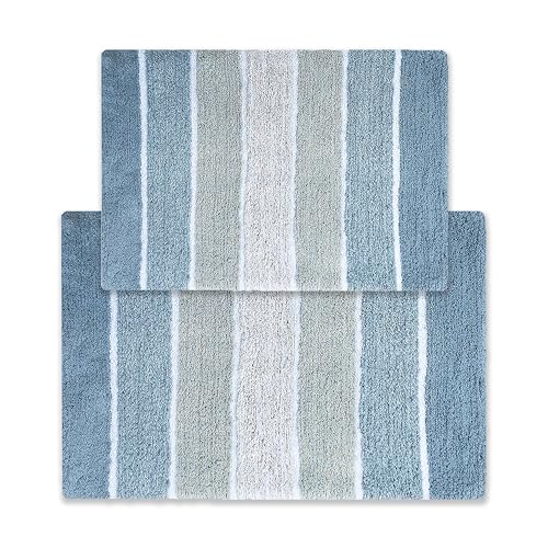 Chardin home - 100% Pure Cotton - 2 Piece Cordural Stripe Bath Rug Set, (21''x34'' & 17''x24'') Blues with Latex Spray Non-Skid Backing von Chardin home