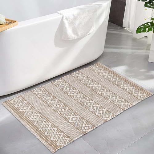 Chardin home Beige & Weiß Boho-Überwurf, 60x91 cm, handgewebter Bauernhaus-Teppich, ideal für Küchen, Eingangsbereiche, Fußmatten, Badezimmer, maschinenwaschbar und wendbar, Baumwollteppiche von Chardin home