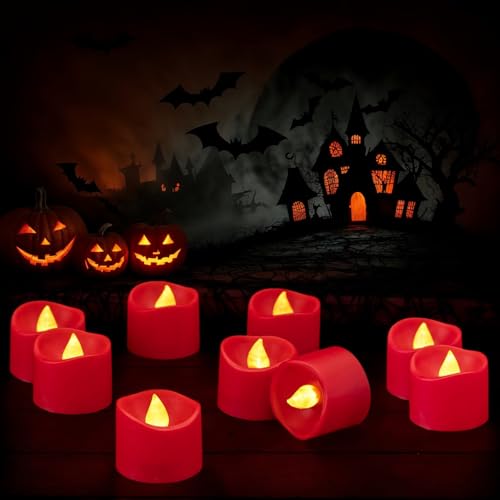 Charfia 12 Stück LED Teelichter, Teelichter Rot LED Teelicht Halloween Deko Outdoor Indoor Garten LED Kerze Rot Halloween Dekoration Halloween Candle LED Batteriebetrieben Kerzen Halloween Laternen von Charfia