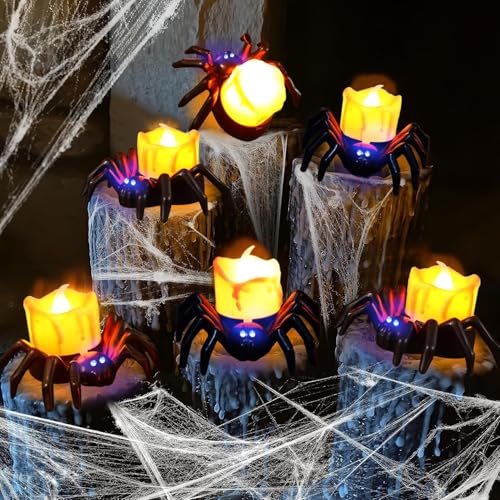 Charfia 6 Stück Spinne Halloween Kerze LED Halloween Teelicht Flammenlose Halloween Kerzenlichter Halloween Dekoration Halloween Candle Halloween Laternen für Halloween Party von Charfia
