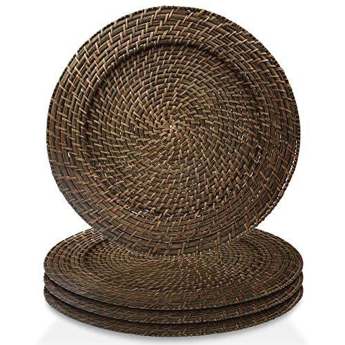 Jay Import Runde Rattan-Ladegeräte, Set mit 4 dekorativen Servicetellern für Zuhause, professionelles feines Essen, perfekt für Veranstaltungen und Dinnerpartys, Ziegelbraun, 33 x 33 x 1,3 cm von ChargeIt by Jay