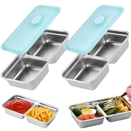 CharmBurst 2 Stück Brotdose Edelstahl Mit Fächern, Doppelkammer Lunchbox Metall, Wiederverwendbare Jausenbox Kinder, Bento Box Edelstahl, Thermo Brotdose Camping von CharmBurst