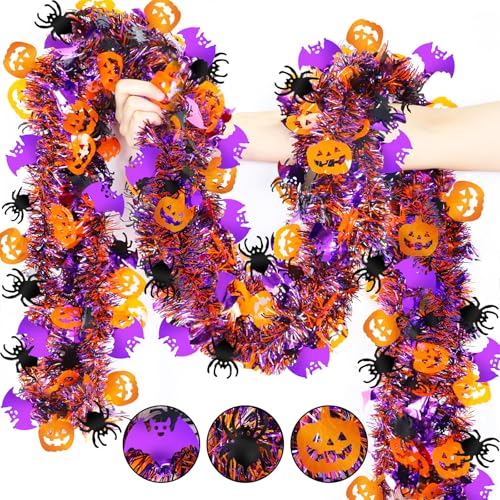 CharmBurst 2 Stück Halloween Girlande 2m Mit Kürbis Fledermaus Spinne, Glänzende Herbstdeko Zum Hängen, Metallic Herbstgirlande Für Fenster Tür Wand Deko Herbstblätter von CharmBurst