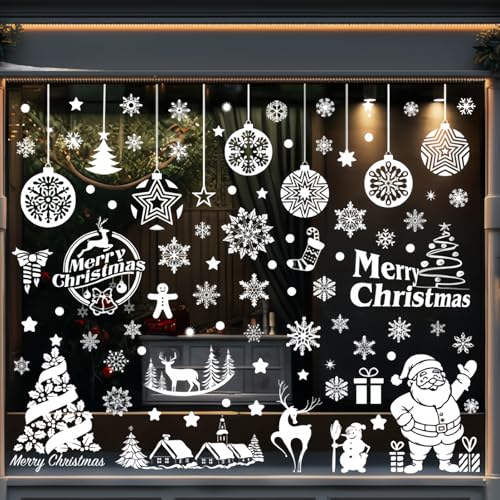 CharmBurst Fensterbilder Weihnachten Selbstklebend Weiß, Fenstersticker Weihnachtsdeko Wiederverwendbar, Schneeflocken Fensteraufkleber mit Häusern für Winter Fensterdeko von CharmBurst
