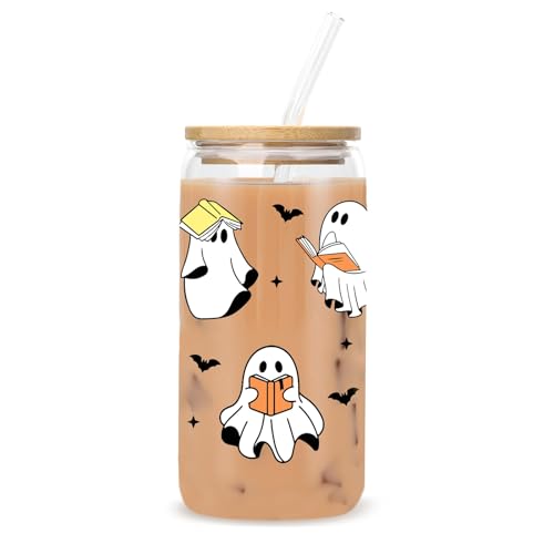 CharmBurst Trinkglas Mit Deckel, Glas Für Buchliebhaber Bookish Leseratte, Iced Coffee Glas Halloween Motiv, Aesthetic Eiskaffee Gläser Matcha Tumbler Geschenk von CharmBurst