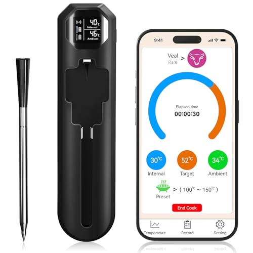 Charmofun Fleischthermometer Smarte, Bluetooth Grillthermometer mit App, IP67 Wasserdicht Bratenthermometer Kabellos, Lange Reichweite, Meat Grill Thermometer Digital für Küche BBQ Ofen von Charmofun