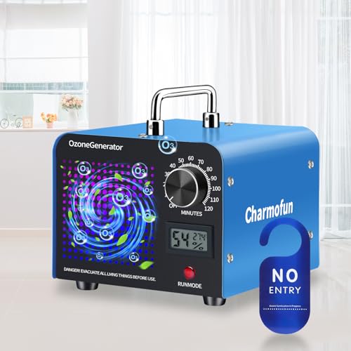 Charmofun Ozongenerator 60000mg/Std Ozongerät, Ozonisator Industrieller mit Temperatur- und Luftfeuchtigkeitsanzeige, 120 Min Timer, O3 Ozon Luftreiniger für Auto Wohnung Küche Haustiere (Blau) von Charmofun