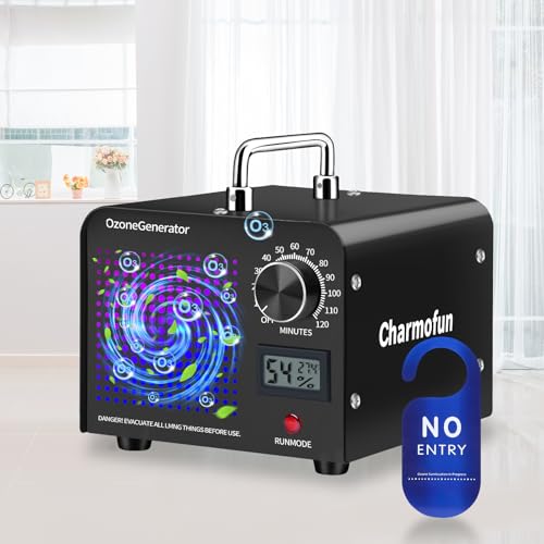 Charmofun Ozongenerator 60000mg/Std Ozongerät, Ozonisator Industrieller mit Temperatur- und Luftfeuchtigkeitsanzeige, 120 Min Timer, O3 Ozon Luftreiniger für Auto Wohnung Küche Haustiere (Schwarz) von Charmofun