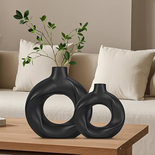 Charmofun Vase Schwarz, 2 Stück Keramik Blumenvase, Matte Runde Vase für Trockenblumen und Pampasgras, Modern Vasen Deko mit Boho Style für Tischdecko und Schlafzimmerdeko (Schwarz (Groß + Klein)) von Charmofun
