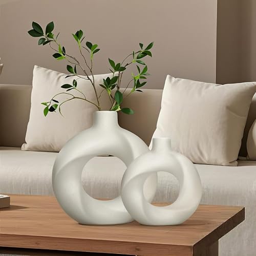 Charmofun Vase Weiß, 2 Stück Keramik Blumenvase, Matte Runde Vase für Trockenblumen und Pampasgras, Modern Vasen Deko mit Boho Style für Tischdecko und Schlafzimmerdeko (Weiß (Groß + Klein)) von Charmofun