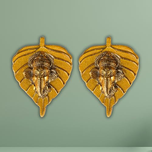 Charmy Crafts Kleine Metall-Ganesha auf Blatt, Wandbehang, Raumdekoration, beste Einweihungsfeier, Geschenke Artikel für Wanddekoration, 2 Stück (sonniges goldenes Finish) (senffgelb) von Charmy Crafts