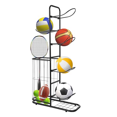 Charocean Vertikales Ballständer für 5 Bälle, Basketballständer Ballaufbewahrung Innenbereich Ballregal Ballhalterung Stehend Ballhalter Ball Ständer für Fußball Basketball (Schwarz) von Charocean