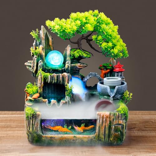 Charocean Zimmerbrunnen Wasserfall Brunnen Tischbrunnen mit LED Beleuchtung und Nebel, Zimmerspringbrunnen Zimmer Brunnen Klein Zimmerbrunnen mit Pflanzen, Ür die Platzierung In Wohnzimmer Büro von Charocean