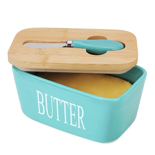 Butterdose mit Deckel, Chasechic Ceramic Butter Keeper mit Deckel und Messer, 500ML luftdicht große Porzellan Butterbehälter Halter, Hellblau von Chase Chic