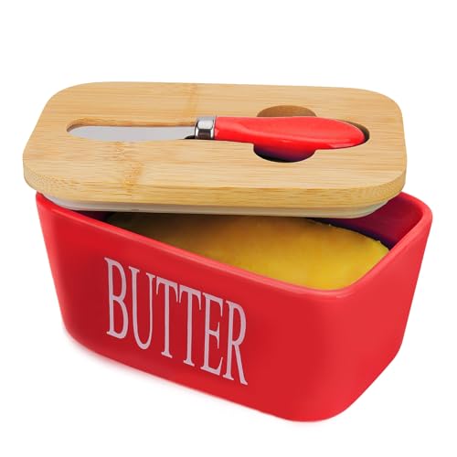 Butterdose mit Deckel, Chasechic Ceramic Butter Keeper mit Deckel und Messer, 500ML luftdicht große Porzellan Butterbehälter Halter, Rot von Chase Chic