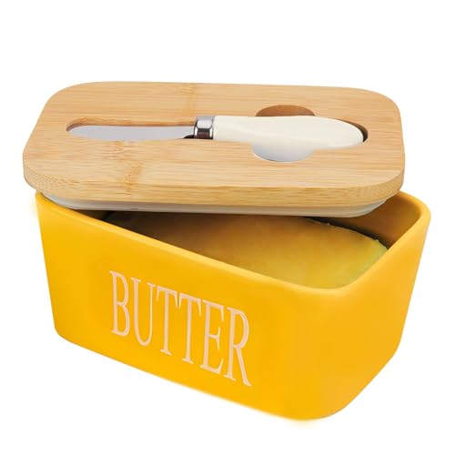 Butterdose mit Deckel, Chasechic Ceramic Butter Keeper mit Deckel und Messer, 500ML luftdicht große Porzellan Butterbehälter Halter,Gelb von Chase Chic