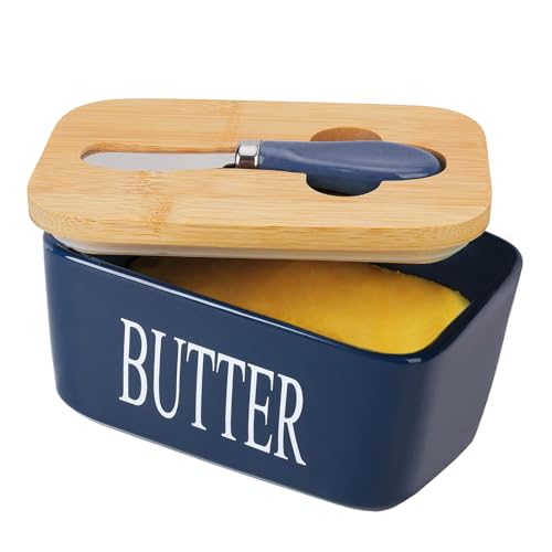 Butterdose mit Deckel, Chasechic Ceramic Butter Keeper mit Deckel und Messer, 500ML luftdicht große Porzellan Butterbehälter Halter ,Dunkelblau von Chase Chic