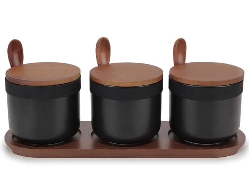 Chase Chic 3er Set Zuckerdosen mit Deckel und Löffel, keramische Gewürzdosen mit Holzdeckel und Löffel für die Küche, 250ml Zuckerdose Schwarz von Chase Chic