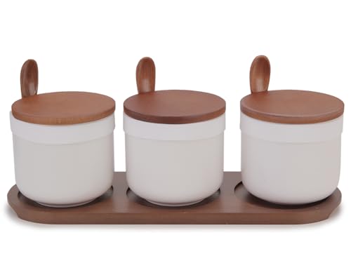 Chase Chic 3er Set Zuckerdosen mit Deckel und Löffel, keramische Gewürzdosen mit Holzdeckel und Löffel für die Küche, 250ml Zuckerdose weiß von Chase Chic