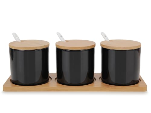 Chase Chic Gewürzbehälter 3er Set, Keramik Zuckerdose Salzdosen mit Bambusdeckel, Löffel und Tablett, Gewürzdosen Gewürzständer für Küche und Esstisch 690ml Schwarz von Chase Chic