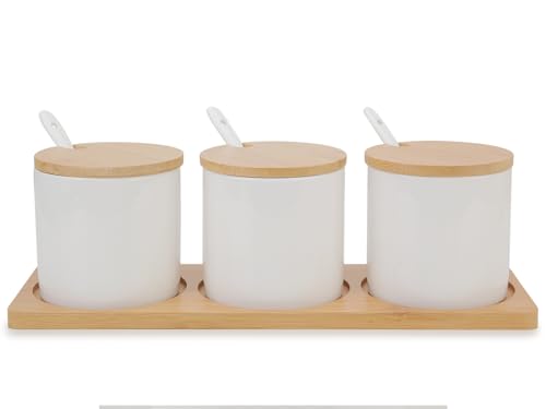 Chase Chic Gewürzbehälter 3er Set, Keramik Zuckerdose Salzdosen mit Bambusdeckel, Löffel und Tablett, Gewürzdosen Gewürzständer für Küche und Esstisch 690ml Weiß von Chase Chic