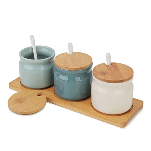 Chase Chic Gewürzgläser Set, Keramik Zuckerdose mit Deckel und Löffel für Haus und Küche, Kleine Gewürzbox mit Holztablett, Ideal für Einweihungsgeschenk in der Küche, 7.7 oz/230 ml, 3er Set von Chase Chic