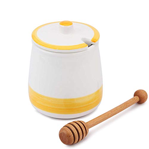 Honigtöpfe Chase Chic Keramik-Honigtopf 390ml (13.3oz) mit Holzlöffel und Deckel für die Wohnküche, von Honig und Sirup, Porzellan-Honigbehälter zur Aufbewahrung (gelb) von Chase Chic