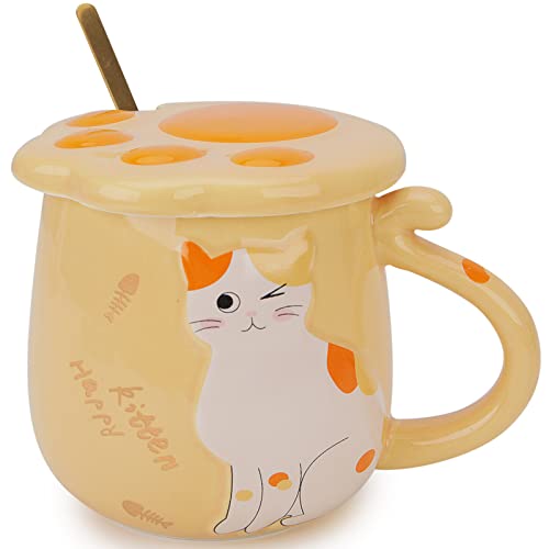 Chase Chic Katzen-Tasse, Niedliche Keramische Kaffeetasse mit Deckel und Edelstahllöffel, Teetassen Geschenk für Katzenliebhaber, 420ML (Gelb) von Chase Chic