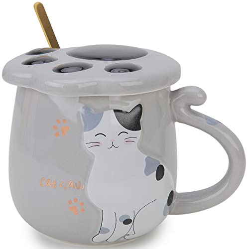 Chase Chic Katzen-Tasse, Niedliche Keramische Kaffeetasse mit Deckel und Edelstahllöffel, Teetassen Geschenk für Katzenliebhaber, 420ML (Grau) von Chase Chic