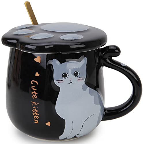 Chase Chic Katzen-Tasse, Niedliche Keramische Kaffeetasse mit Deckel und Edelstahllöffel, Teetassen Geschenk für Katzenliebhaber, 420ML (Schwarz) von Chase Chic