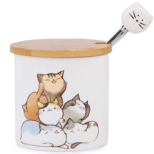 Chase Chic Keramische Zuckerdose, Klein Porzellan-Zuckerdose mit Holzdeckel und Edelstahllöffel mit Katzenmuster für Küche und Frühstück zu Hause, bestes Geschenk für Katzenliebhaber, 266ml (9oz) von Chase Chic