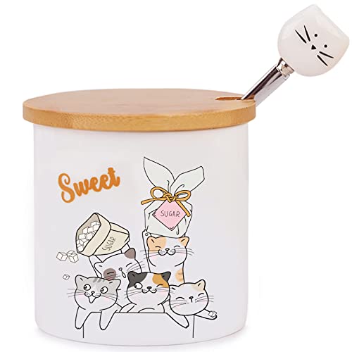 Chase Chic Keramische Zuckerdose, Klein Porzellan-Zuckerdose mit Holzdeckel und Edelstahllöffel mit Katzenmuster für Küche und Frühstück zu Hause, bestes Geschenk für Katzenliebhaber, 266ml (9oz) von Chase Chic