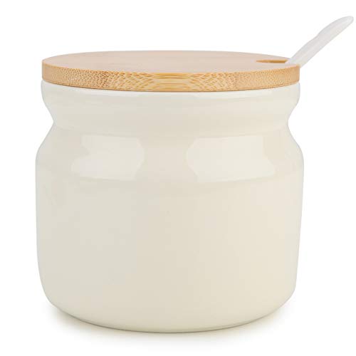 Chase Chic Zuckerdose Keramik, Zuckerdose Porzellan mit Holzdeckel und Porzellanlöffel, Vintage Zuckerdose Klein 230 ml(7.7oz), Anzug für Kaffeebar, Küche und Frühstück zu Hause, Beige von Chase Chic