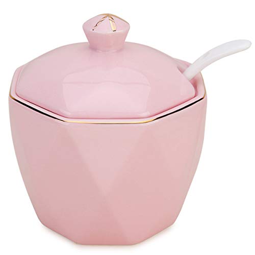 Chase Chic Zuckerdose, Keramik-Zuckerrohr mit Deckel und Löffel mit Goldener Verzierung und Vintage-Raute, für Kaffeebar, Küche und Frühstück zu Hause, 350ml (11.8oz), Rosa von Chase Chic