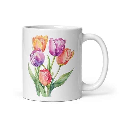 Tasse Mohnblumen Blumen Tulpen Malerei Aquarell Natur Becher Tee Kaffee Pflanzen Geschenk Fantasy Original Floral Vintage Lilie Rosa Kirschbaum (Tulpe) von Chatcripant