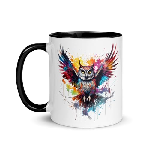 Chatcripant - Tasse Eule Owl Design Kaffee Tee Tiere Original Grafik Paar Geschenk Umarmung Natur Vögel Greifvögel Lesebuch Lesebuch Frauen Emailie (Bunte Eule) von Chatcripant
