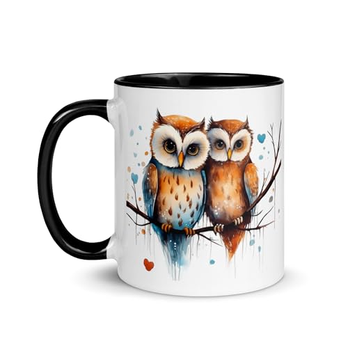 Chatcripant - Tasse Eule Owl Design Kaffee Tee Tiere Original Grafik Paar Geschenk Umarmung Natur Vögel Greifvögel Lesebuch Lesebuch Frauen Emailie (Paar Eulen) von Chatcripant