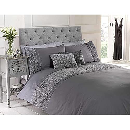 Rapport Bettwäsche-Set für Doppelbett, mit erhöhter Rose und Schleife, Polycotton, Grau, Baumwolle Polyester von Rapport