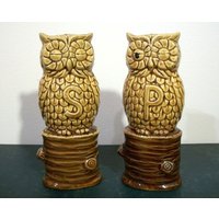 Vintage Salz Und Pfefferstreuer Set Schläfrige Braune Eulen Auf Einem Baumstumpf 1970Er 80Er Keramik Figur Eule Sammler Geschenk Retro Kitsch Kitchen von ChatsworthVntg
