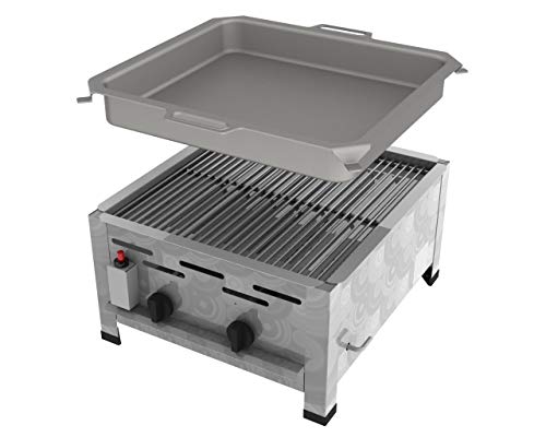 ChattenGlut Professional Gastrobräter 2-flammig Tischgerät Edelstahl Stahlbrenner für Flüssiggas 480x530x270mm (7,3kW Rost + Pfanne) von ChattenGlut