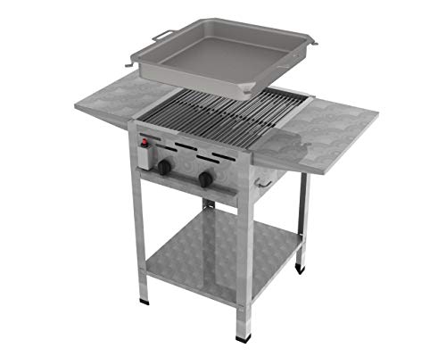 ChattenGlut Professional Gastrobräter 2-flammig Tischgerät Edelstahl Stahlbrenner für Flüssiggas 480x530x800mm (9 kW Rost + Pfanne + Seitenablagen) von ChattenGlut