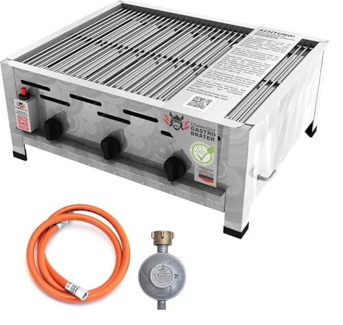 ChattenGlut Professional Gastrobräter 3-flammig Tischgerät 10,8kW Stahlbrenner für Flüssiggas 650x530x270mm mit Rost, Regler Anschlussschlauch von ChattenGlut