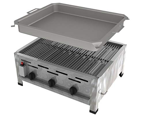 ChattenGlut Professional Gastrobräter 3-flammig Tischgerät Edelstahl Stahlbrenner für Flüssiggas 650x530x270mm (13,5kW Rost + Pfanne) von ChattenGlut