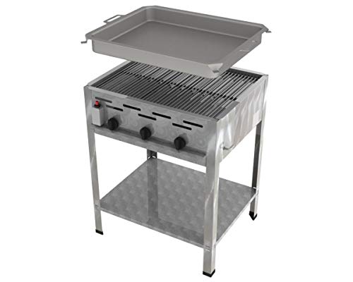 ChattenGlut Professional Gastrobräter 3-flammig Tischgerät Edelstahl Stahlbrenner für Flüssiggas 650x530x800mm (10,8kW Rost + Pfanne) von ChattenGlut