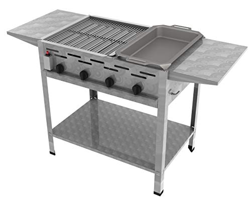 ChattenGlut Professional Gastrobräter 4-flammig Standgerät Edelstahl Stahlbrenner für Flüssiggas 810x530x800 mm (14,7kW 2er Rost + 1er Pfanne + Seitenablagen) von ChattenGlut