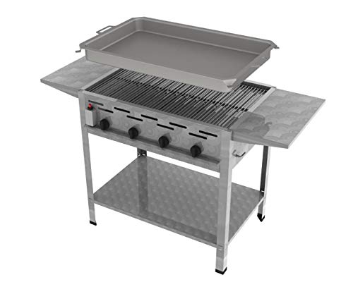 ChattenGlut Professional Gastrobräter 4-flammig Tischgerät Edelstahl Stahlbrenner für Flüssiggas 810x530x800 mm (14,7kW Rost und Pfanne + Seitenablagen) von ChattenGlut