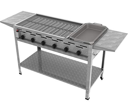 ChattenGlut Professional Gastrobräter 6-flammig Standgerät Edelstahl Stahlbrenner für Flüssiggas 1140x530x800 mm (22kW 4er Rost + 1er Pfanne + Seitenablagen) von ChattenGlut