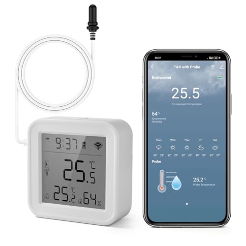 eMylo Thermometer Innen Außen, Hygrometer Wlan App Alert, Datenexport Gefrierschrank Aquarium Thermometer Digital für Kühlschrank, Aquarium, Babyzimmer, Aquarium Zubehör, Weiß 5.6 * 5.6cm von Chatthen
